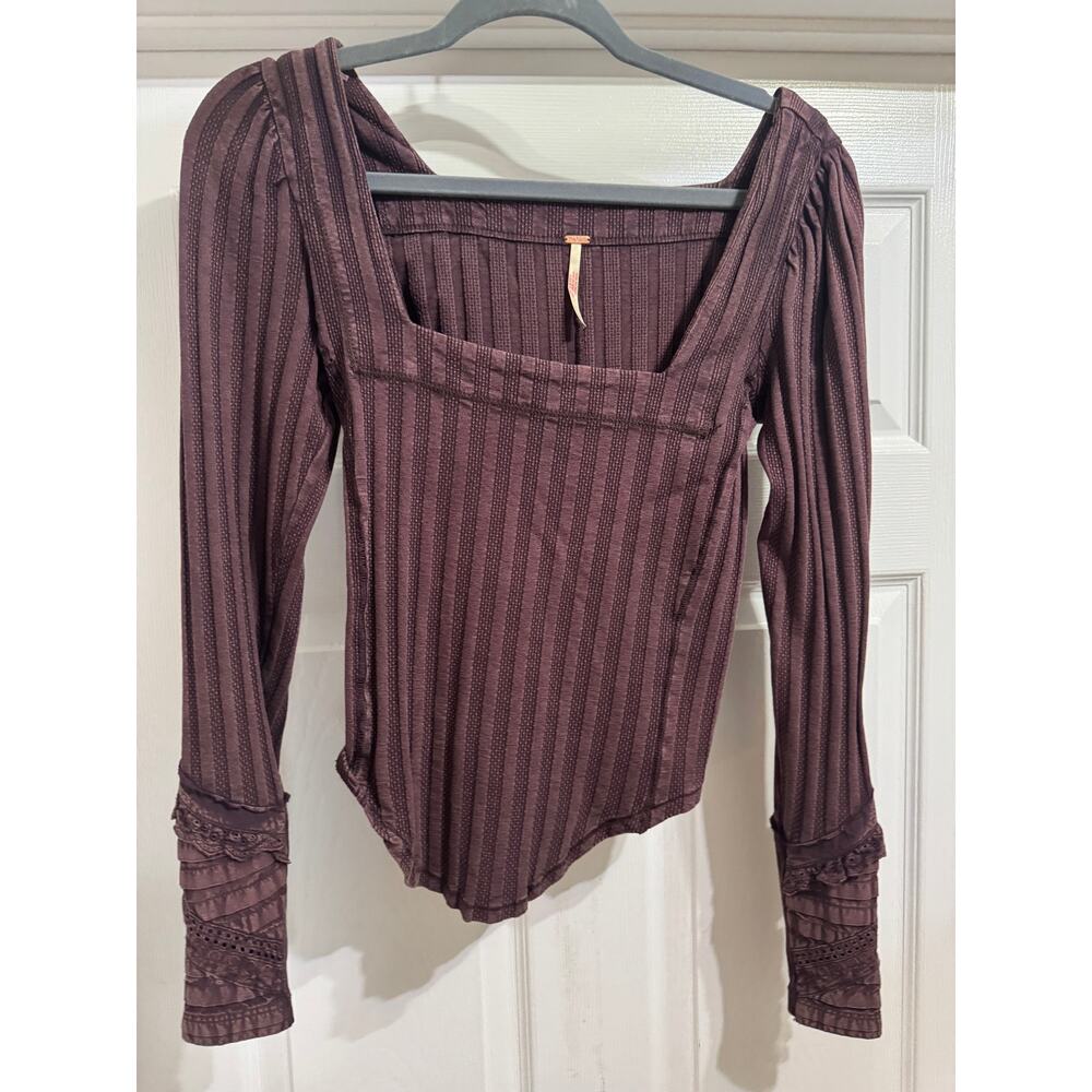 Free People Textured Square Neck Long Sleeve Top Small Boho Romantic